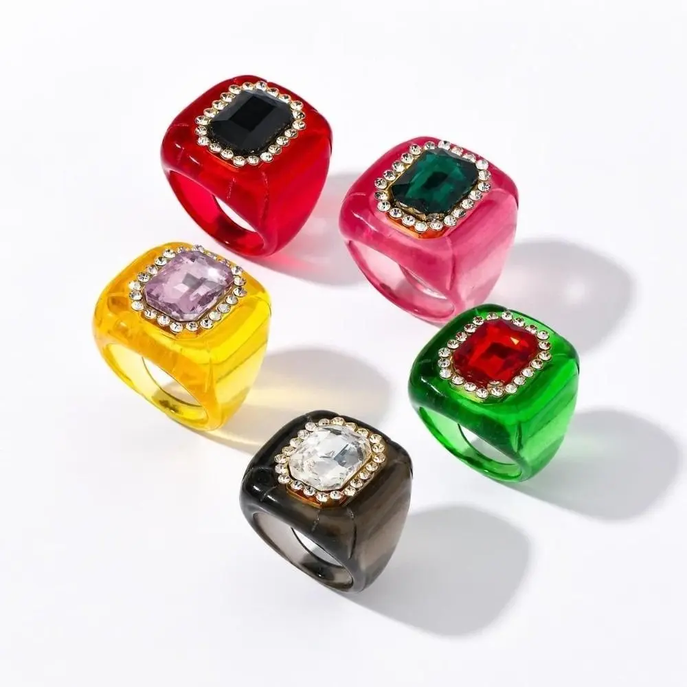Fashion Resin Rhinestones Ring Colorful Geometric Finger Ring Three-dimensional Elegant Jewelry Square Ring for Women