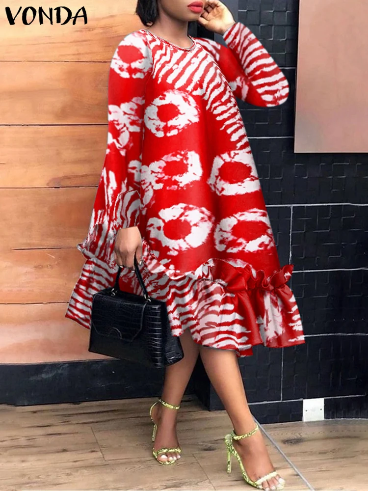 

Plus Size VONDA Women Ruffled Dress 2024 Bohemian Printed Sundress Vintage Long Sleeve Vestidos Casual Round Neck Robe Oversized