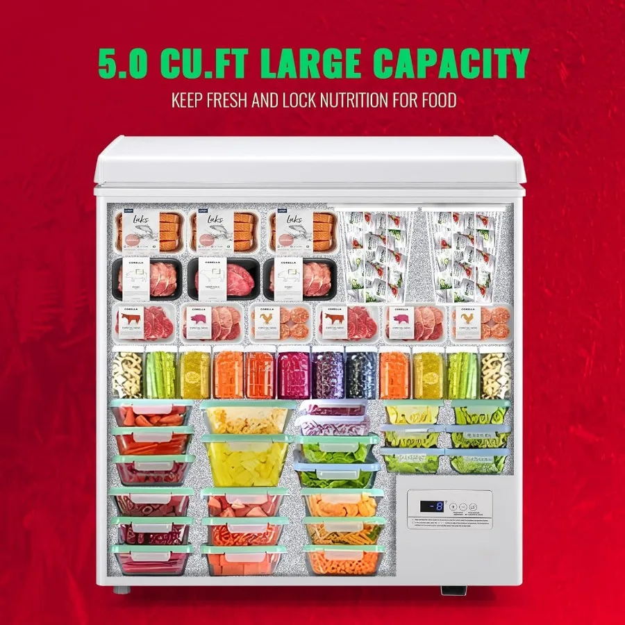 5.0 Cubic Feet Chest Freezer with Temperature Display Panel Small Deep Freezer Featuring 2 Removable Baskets and Top-Opening Do