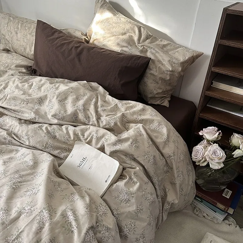Floral Cotton Bedding Set for Boys and Girls,Vintage Ins Fitted Sheet,Duvet Cover,Pillowcase,Full Queen Size,Dormitory Hotel Bed