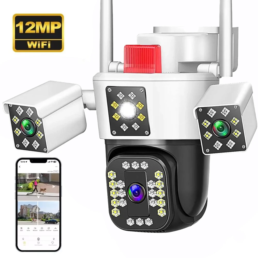 IPC360 HOME 6K 12MP 3 Lens 3 Screens Wifi PTZ Camera Color Night Vision Motion Detection Two Way Audio IP66 Outdoor Waterproof