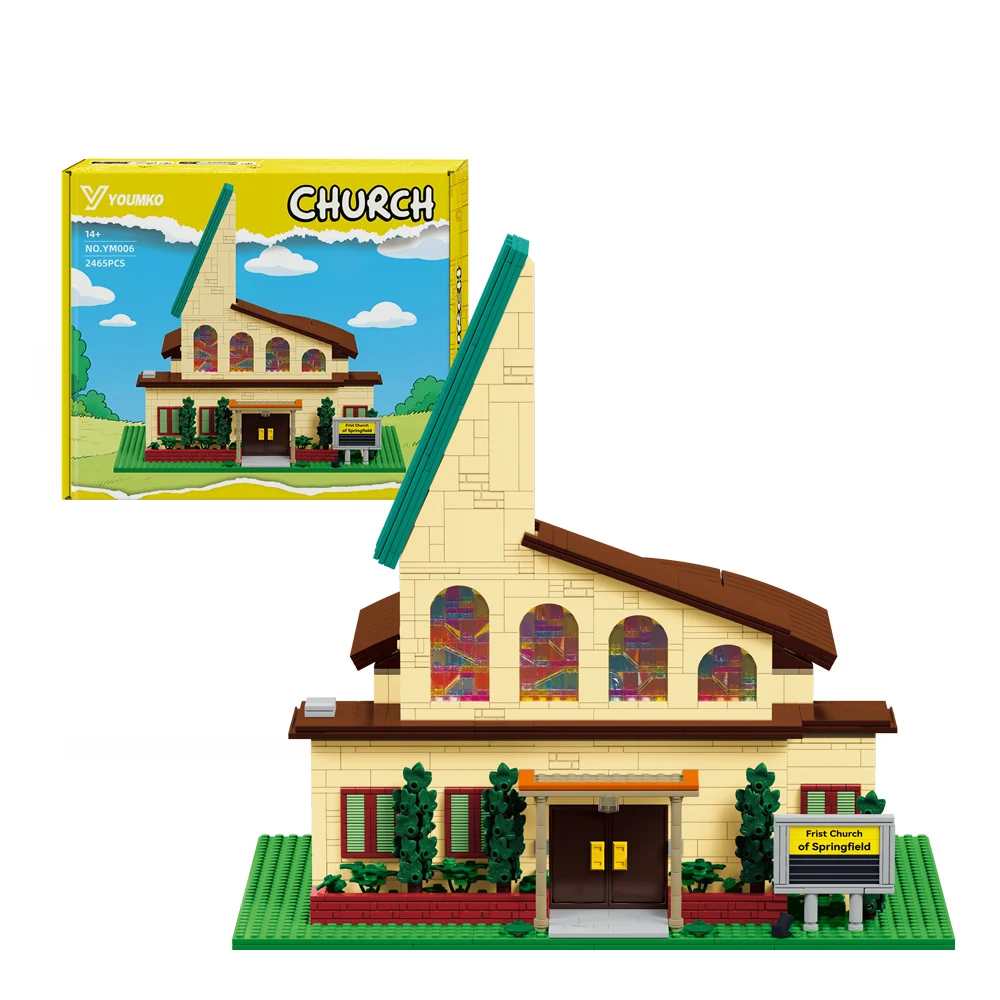 2465Teile Modular Klemmbausteine Springfield Kirche Bausteinsatz, klassische Cartoon Animation Street View Architektur Modell-Kit mit Farbiglasfenster und Kircheninnen, LED-Licht DIY-Montage Spielzeug