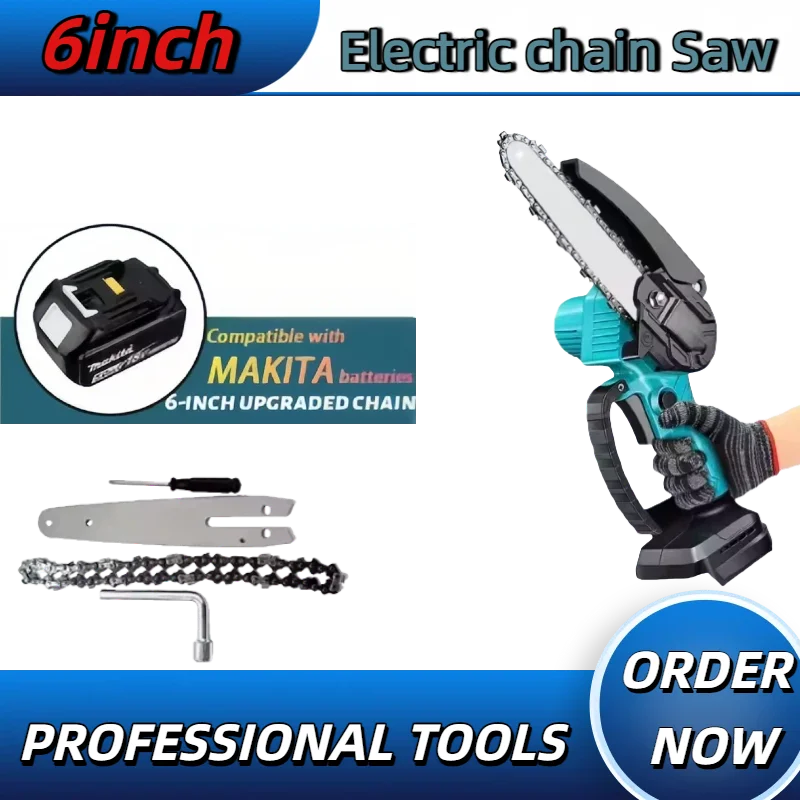 18V Battery Fit Makita 6 Inch Chain Saw  Electric Saw Handheld Portable Wood Logging Chainsaw Garden Pruning Wood Power Tool
