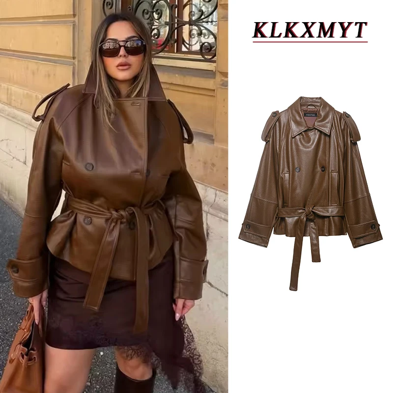 

2026 Spring New Women's Fashion Vintage Brown With Belt Imitation Leather Long Sleeve Short Jacket For Women Casual Leather Coat