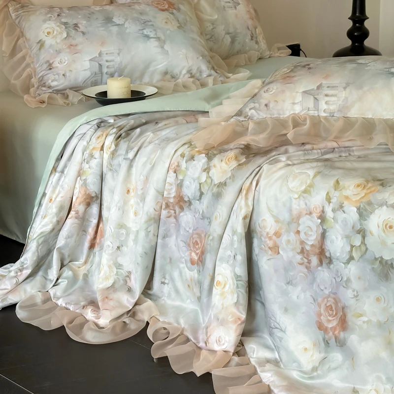 Viscose Filament Quilt set, Bed Sheet Pillowcases Comfortable Modern Home for Summer, Flowers printed Blanket with Lace Edge