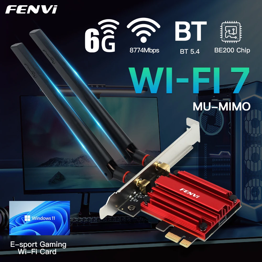 FENVI Wi-Fi 7 FV-BE200 PCI-E Adapter 8774Mbps BE200NGW BT5.4 Tri Band 2.4G/5G/6GHz Desktop Wireless Network Adapter For Win10/11