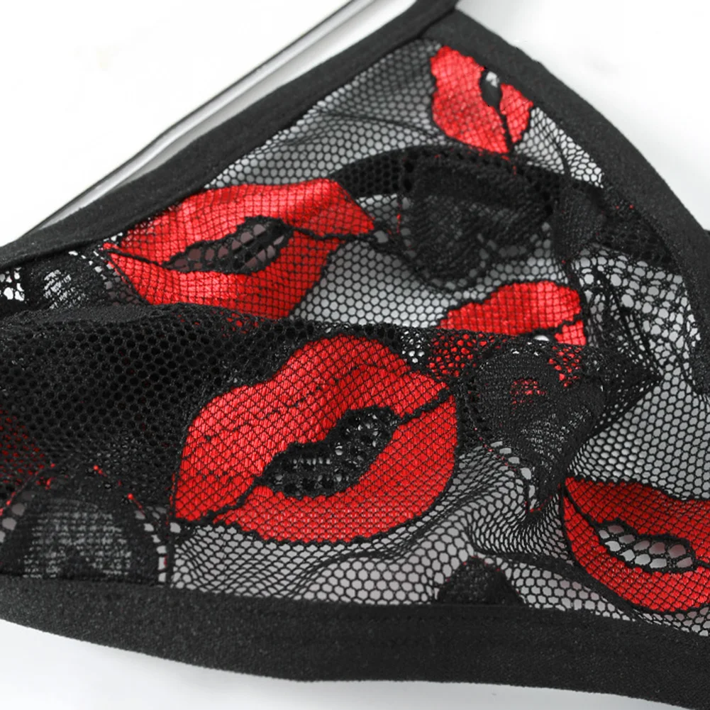 Men Mesh Sexy Printed G-Strings UnderpantFemboy Thongs Sheer T-back See Through Lingerie Perspective Breathable Erotic Underwear