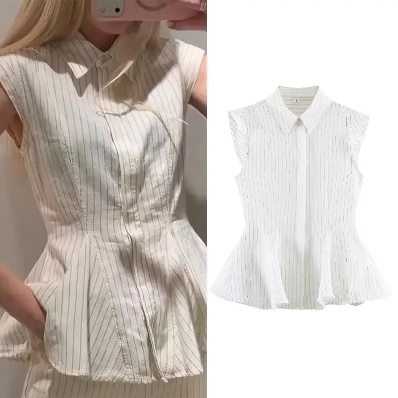 Spring Summer Striped Peplum Sleeveless Shirt For Women Turn-Down Collar Simple Shirts & Blouses Ruffled Hem Lady Tops