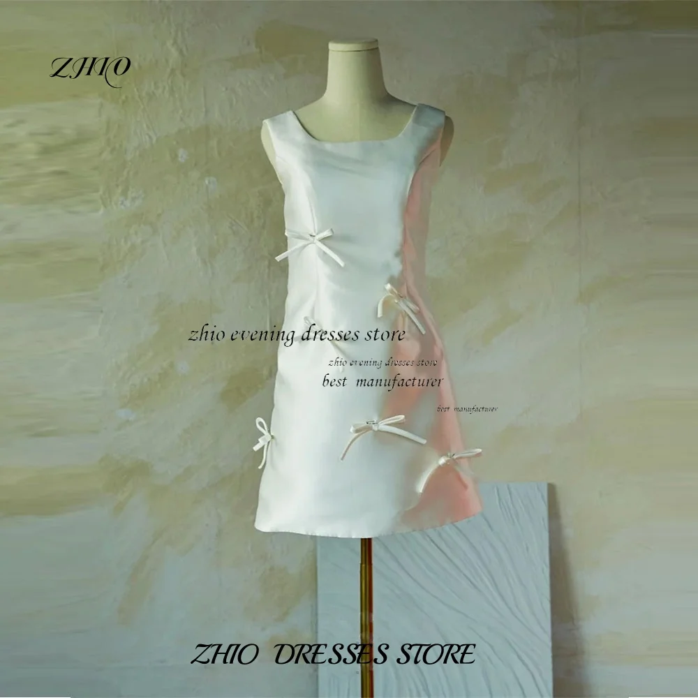 ZHIO 한국 맞춤형 미니 새틴 웨딩 드레스 스퀘어 넥 백 지퍼 민소매 무릎 웨딩 파티 저녁 칵테일 댄스 파티 드레스