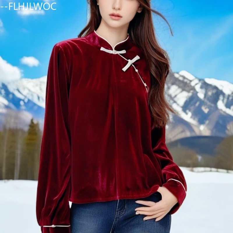 

New Year Christmas Red Velvet Tops Blouses Woman Autumn Winter Basic Elegant Chinese Style Retro Vintage Top Stand Collar Shirt