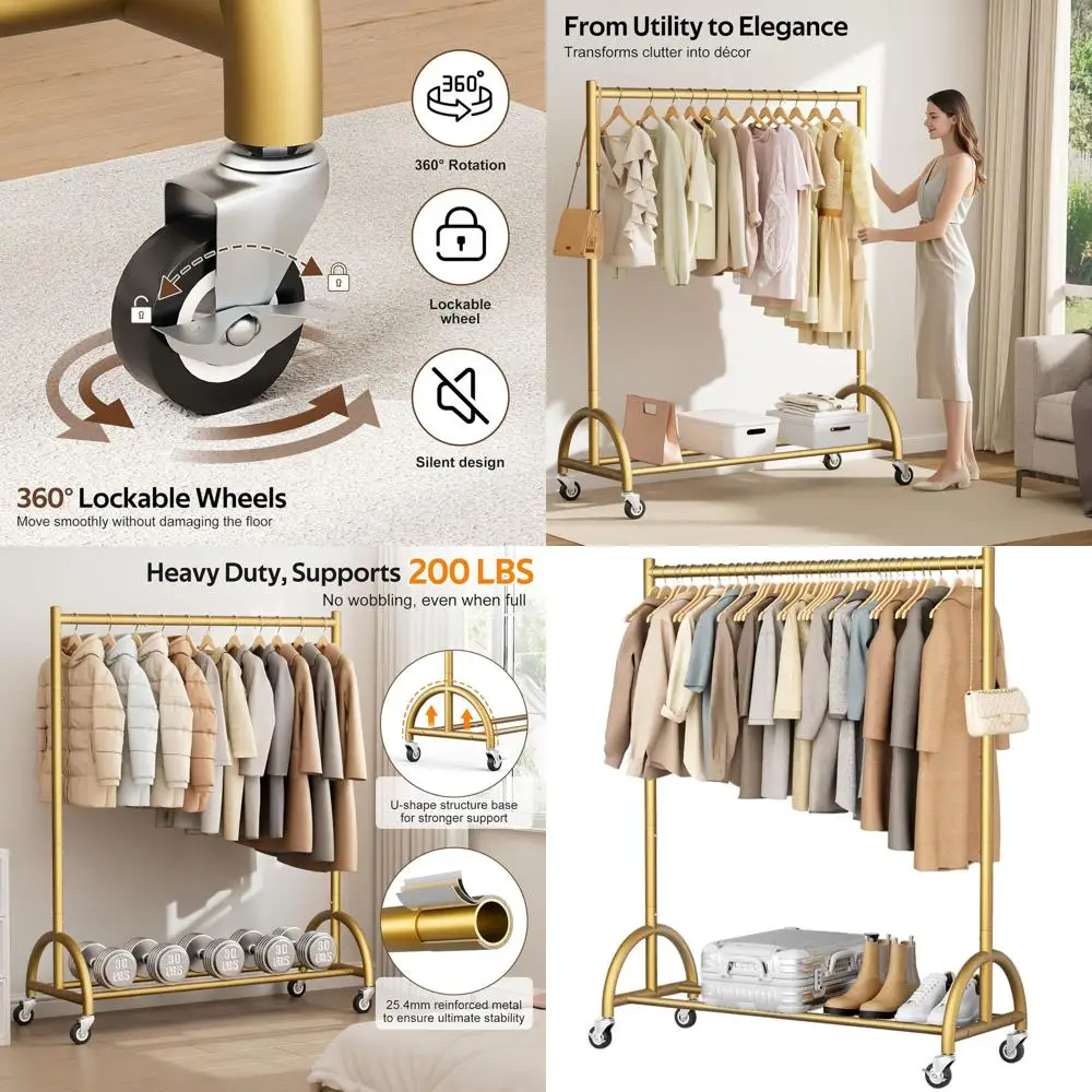

Gold Rolling Garment Rack - Heavy Duty with Wheels for Hanging Dresses, Coats, and Clothing