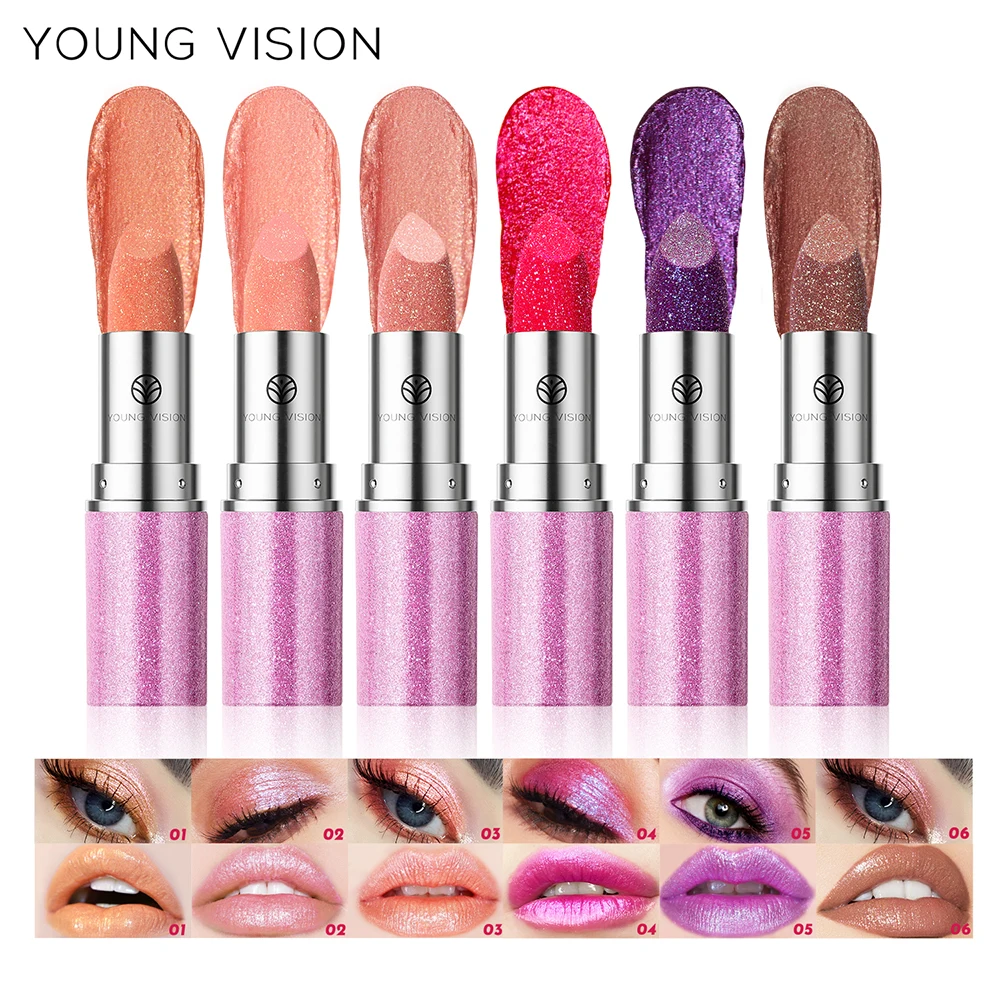 YOUNG VISION 6 パール光沢のあるシマー リップスティックとアイシャドウ、長持ちし、色あせせず、温かみのある変化するリップスティック。