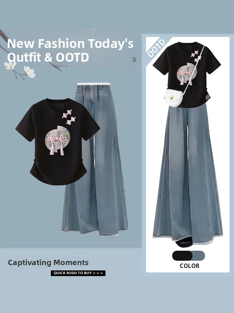 Effet minceur chinois Sle femmes rondes Ne ort Sve t-shirt et jean deux pièces ensemble jambe large jean été Faion