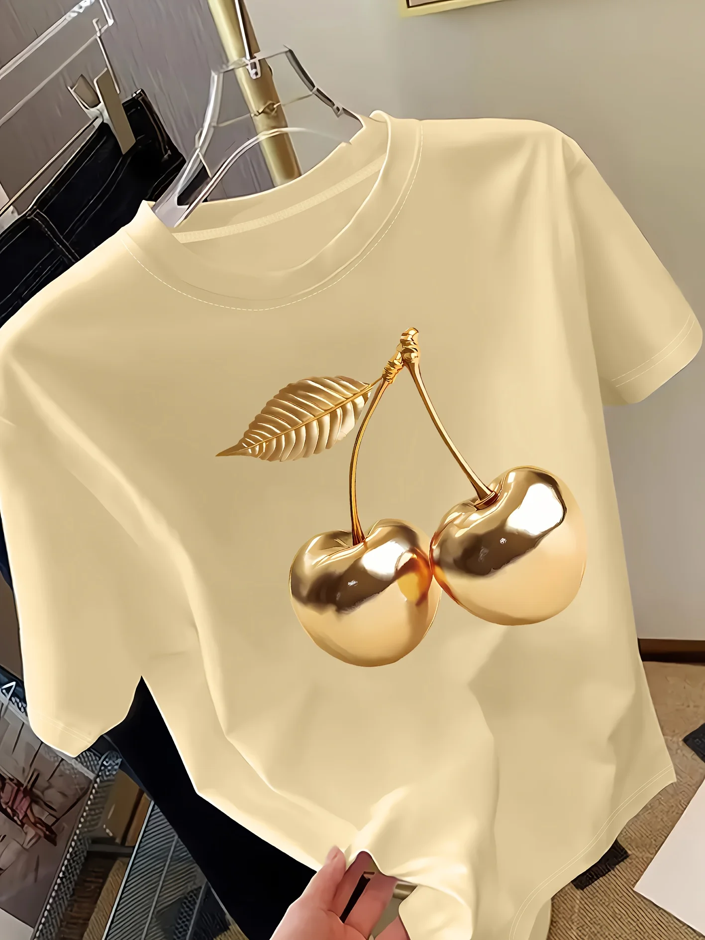 Golden Cherry Print Women Short Sleeve T-Shirt Stylish Casual Tee a Sense of Elegance Versatile Top for Women Minimalist Design