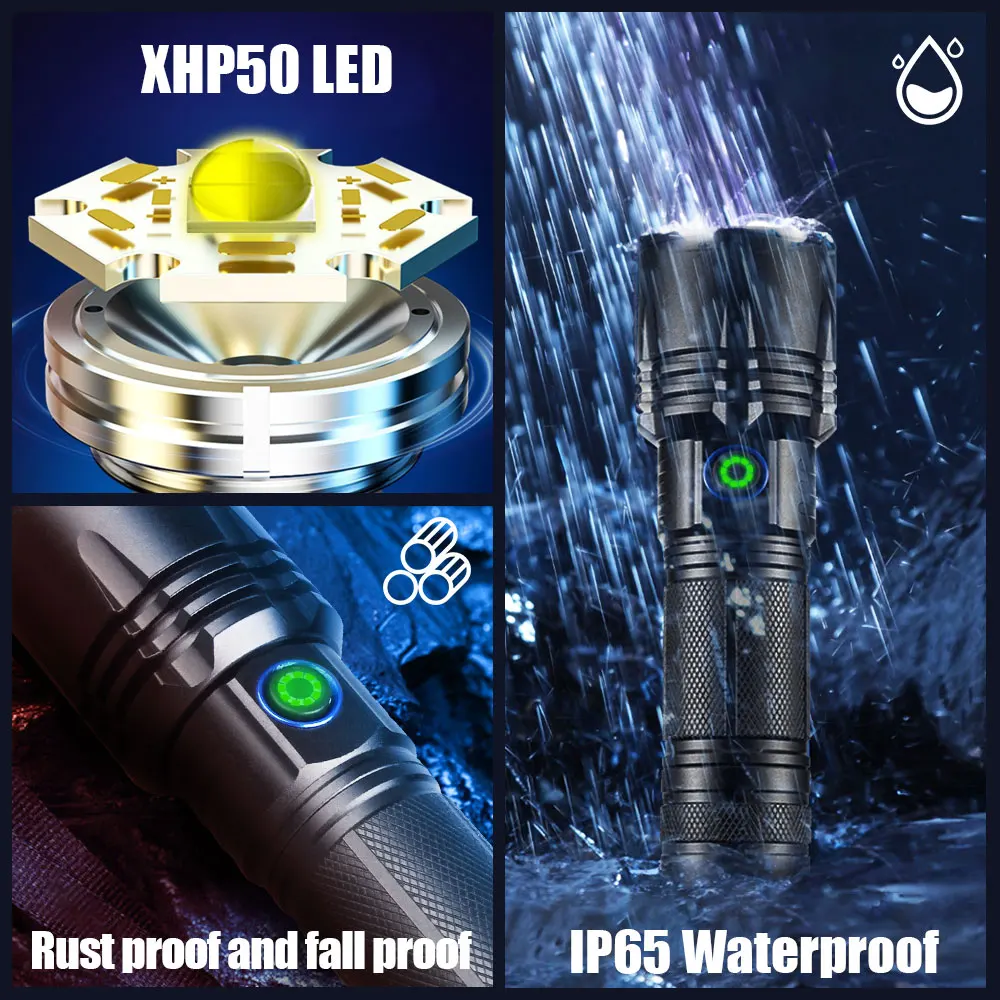 lanterna Ultra Powerful LED Flashlight USB Type C Rechargeable Zoomable Torch XHP50 Hand Lamp 26650 18650 Battery Tactical Flash Light  lanterna tática