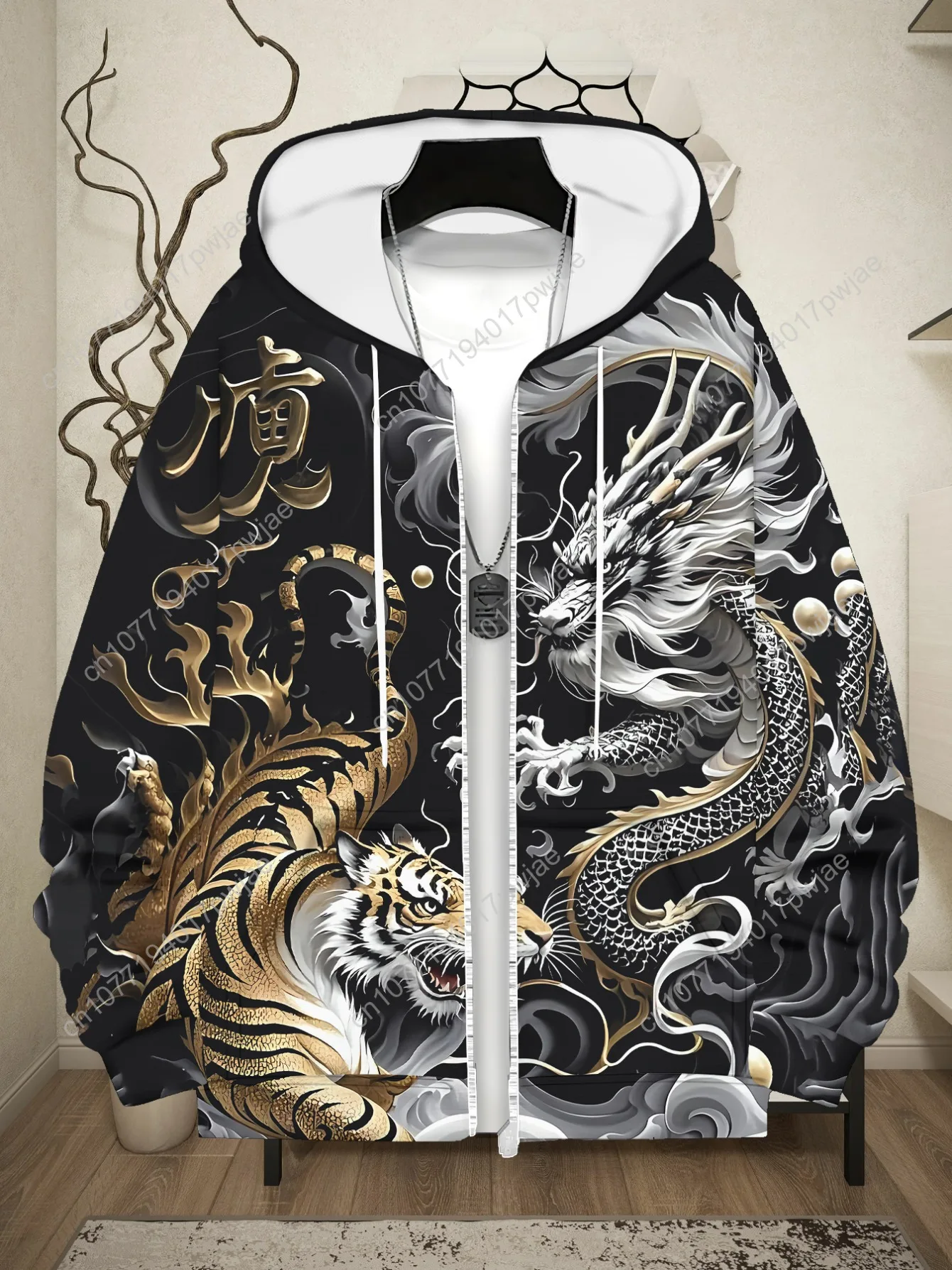 [Прочная толстовка на молнии] Легкая прочная мужская толстовка на молнии из полиэстера с принтом тигра дракона — черный и золотой сложный