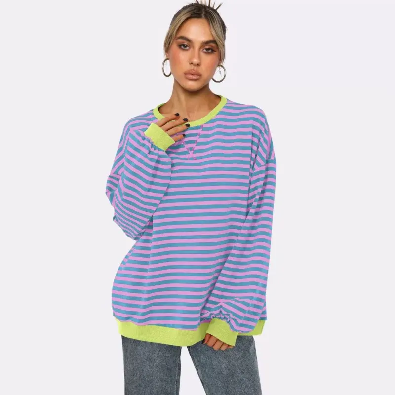 Women's Round Neck Pullover Hoodie 2024 New Striped Color Blocked Long Sleeved Top Women's Loose Casual Fashion Baseball Uniform