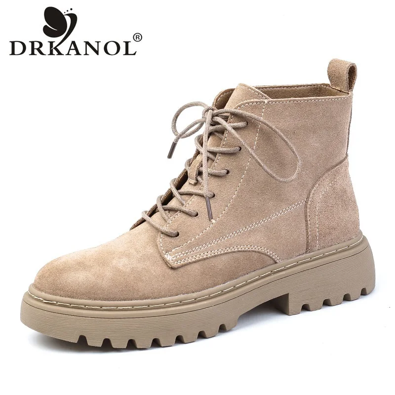 

DRKANOL Women Ankle Boots Autumn Winter Warm Shoes College Style High Quality Cow Suede Square Heel Platform Casual Short Boots