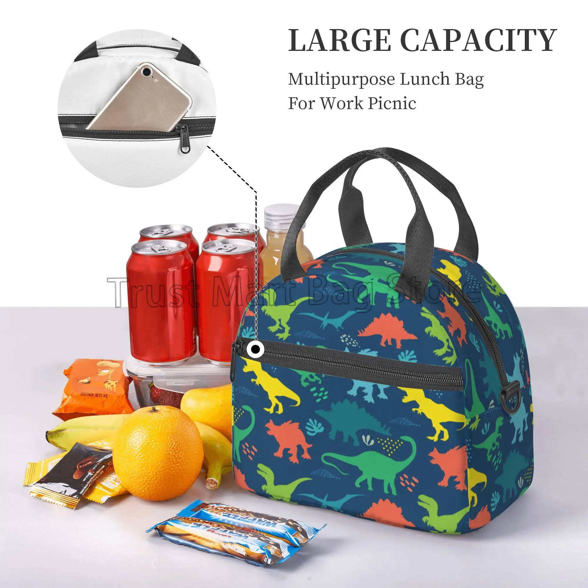 Dinosaur Cartoon Lunch Bags para meninos e meninas, Jurassic Dino, Tote térmico, Saco térmico, Bento Organizador para escola, Viagem, Piquenique, Praia