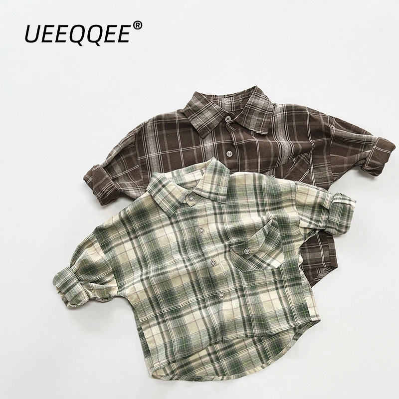 

Spring Autumn Children Shirts 1-8Y Boys Cotton Plaid Pocket Casual Long Sleeve Tops Korean Toddler Wear For Kids Clothing New