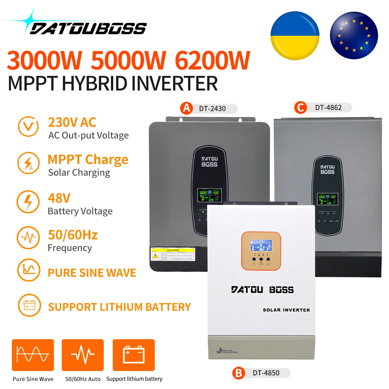 

DATOUBOSS Solar Hybrid Inverter 3KW 5KW 6.5KW 24V 48V to 230VAC with MPPT Pure Sine Wave Inverter for Off-grid Home Use