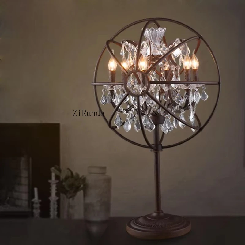โคมไฟตั้งโต๊ะคริสตัลทรงวงแหวนเหล็กโบราณ สไตล์เรโทร โคมไฟตั้งโต๊ะที่มีเอกลักษณ์เฉพาะตัว