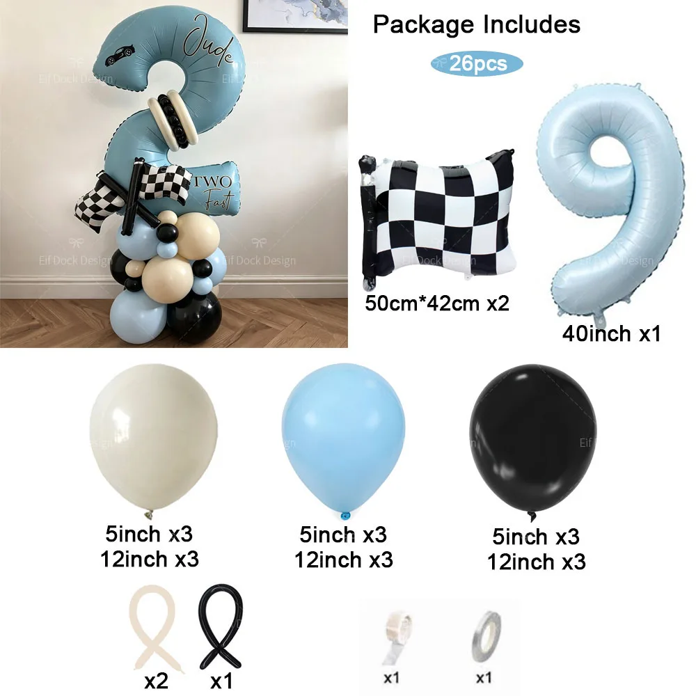 1 Set Rennflaggen-Ballon in Schwarz-Weiß-Kariert 40 Zoll Zahlenballons Two Fast Geburtstagsdekoration für Jungen Rennwagen-Party Geschenk – Detail 5