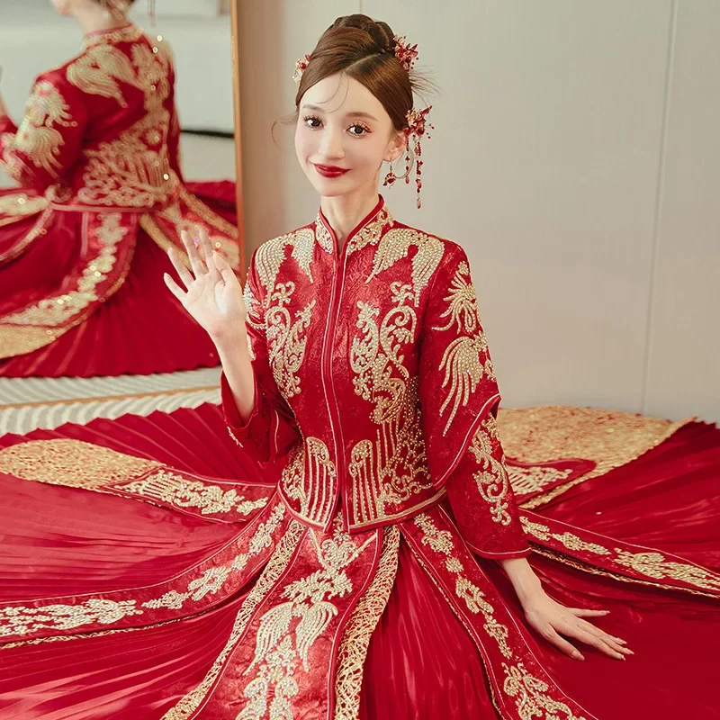 

Hanfu Bride Ancient Costume Chinese Wedding Dress Traditional Embroidery Toast Clothing Vestido