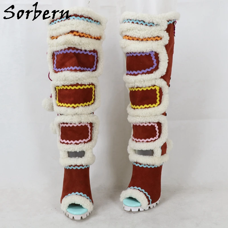 Sorbern Brown Fake Suede Plush Women Boots Knee High Open Toe Fur Boots Ladies Plush Lining Fluff Lace Up Back Size 36-48