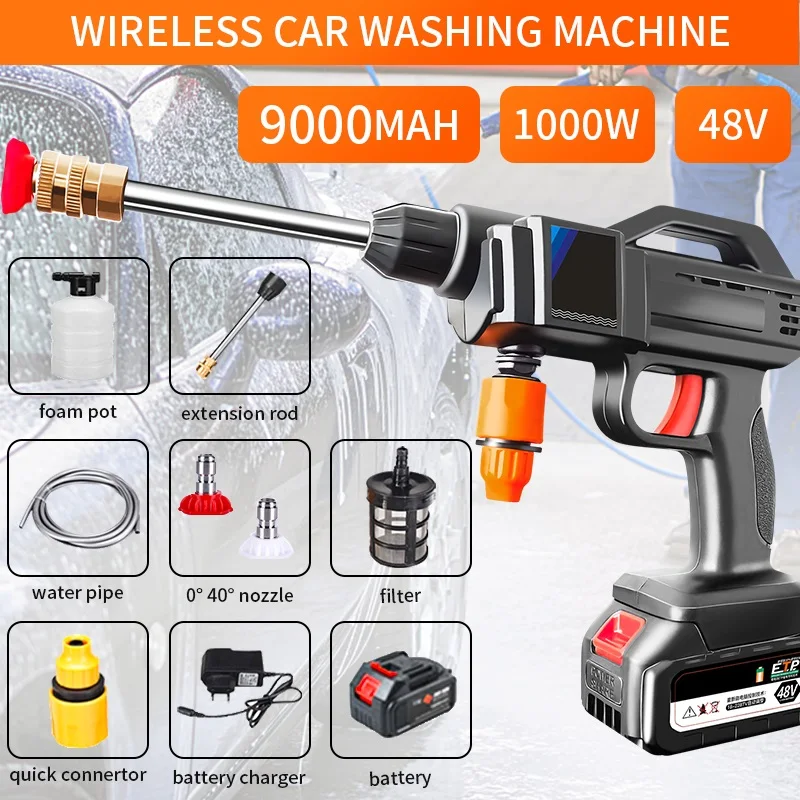 48V 9000mAh Car Water-Gun Wireless Portable High Pressure Car Washing Machine Lithium Battery Charging Car Cleaner Spray Washer