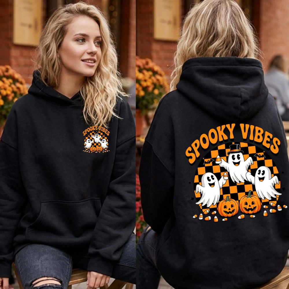 Spooky Vibes Hoodie Halloween Sweatshirt Retro Checkered Ghost Fall Spooky Season Pumpkin Candy Gift for Retro Halloween Fan