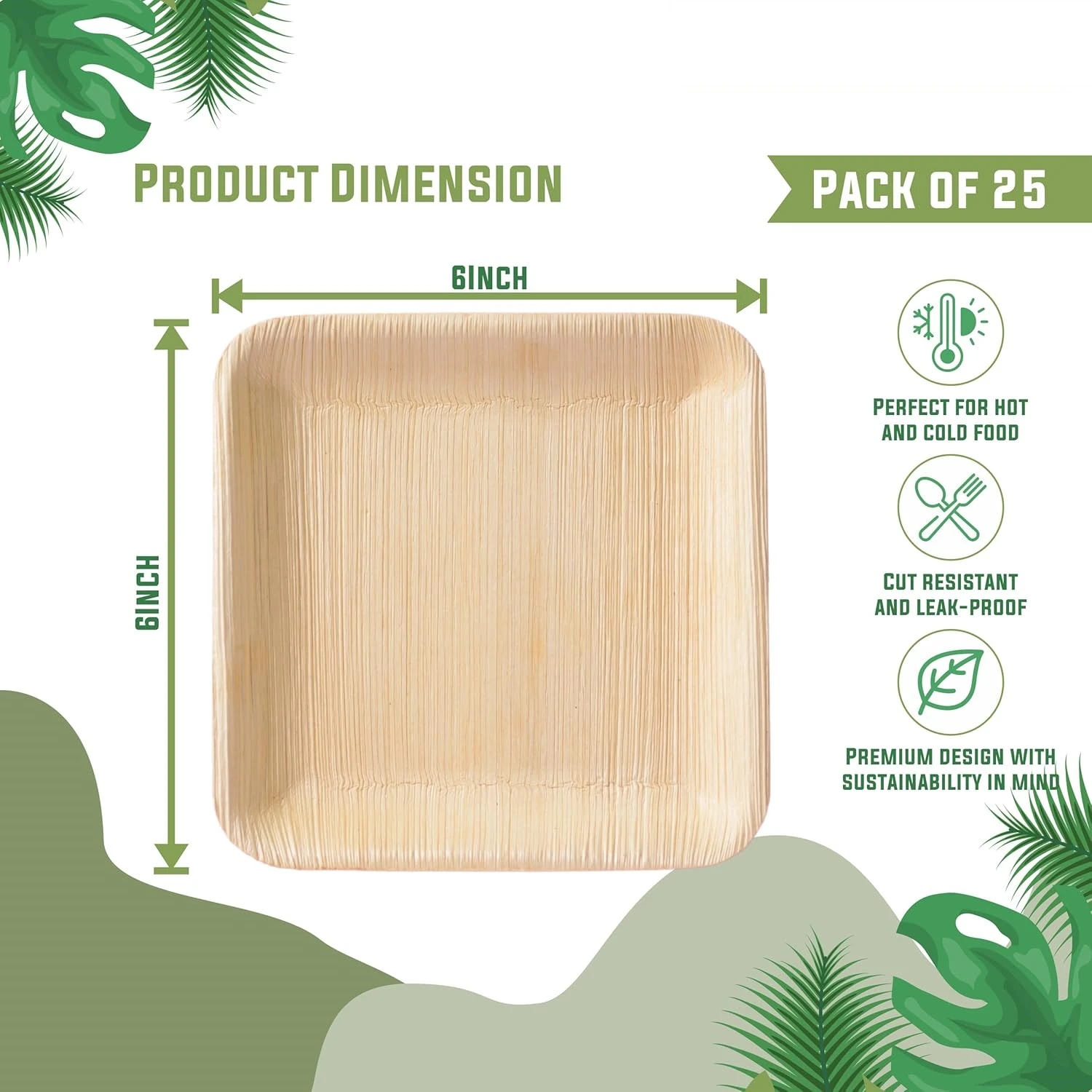 25PCS Disposable Palm Leaf Plate Square Dessert Plates Eco-friendly Dinnerware Bamboo Like Plates Camping Wedding Party Birthday