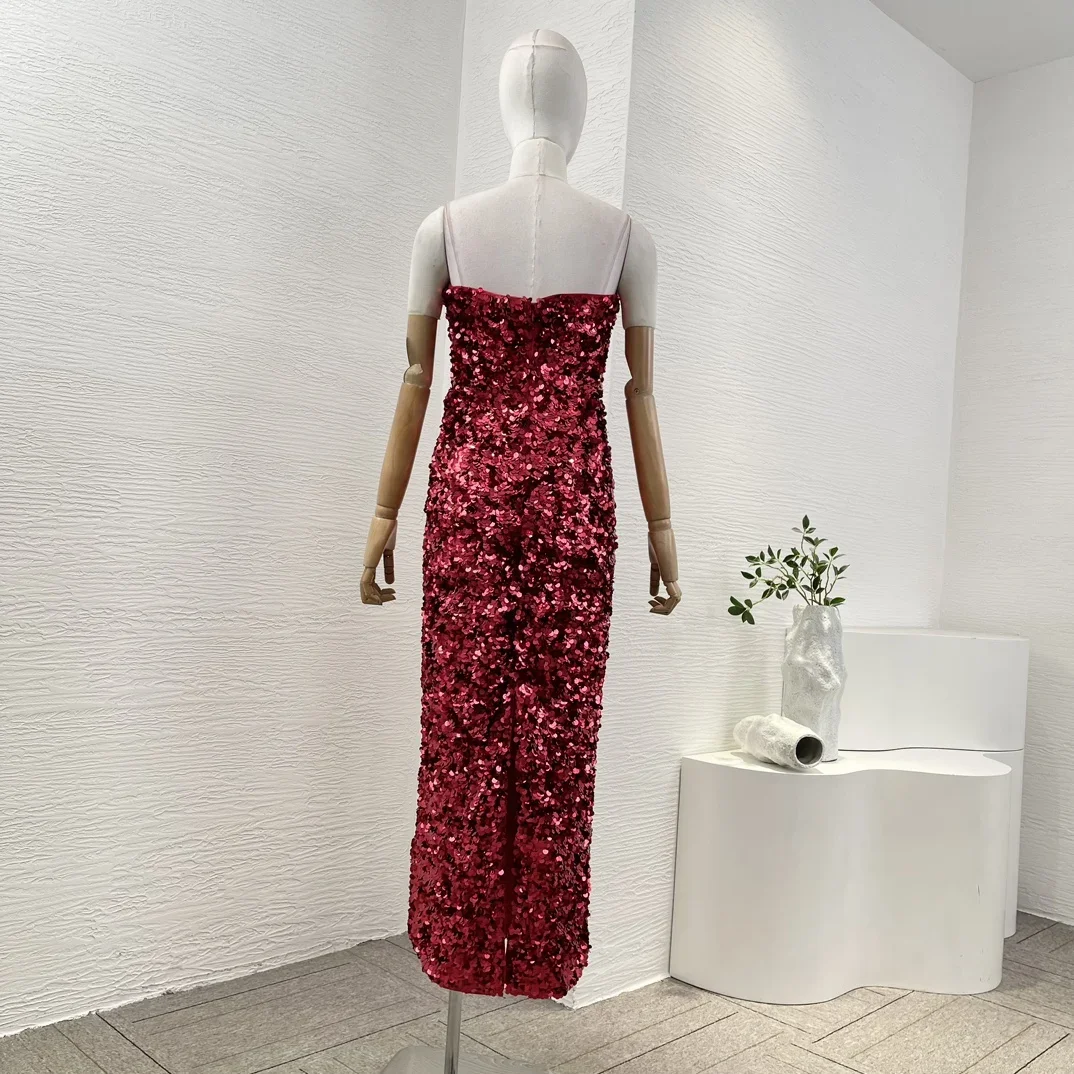 New Red Pressed Suquined Deep-V Strapless Hip Mermaid Women Luxury Long Dress for Party