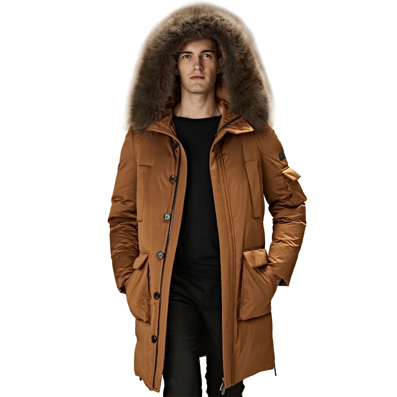 Abrigo de plumón de ganso blanco para hombre, Parka gruesa de longitud media, cálida con Cuello de piel de zorro, chaqueta informal de negocios para