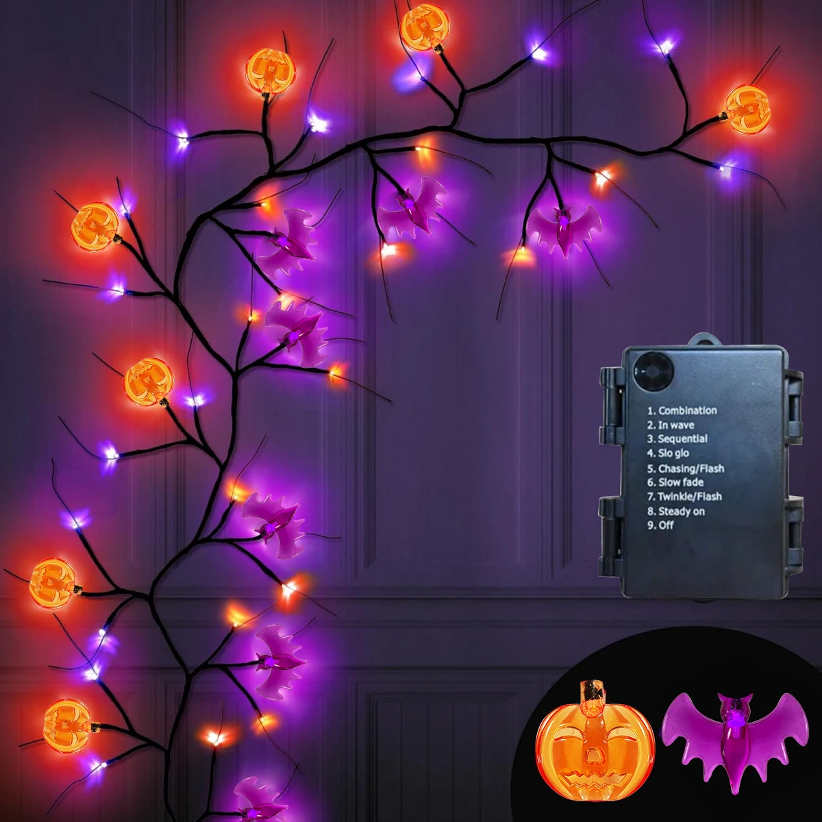 1 pz 1.8M luci di Halloween Black Willow Vine Twig zucca e pipistrello rami decorativi lampada impermeabile a batteria per la casa