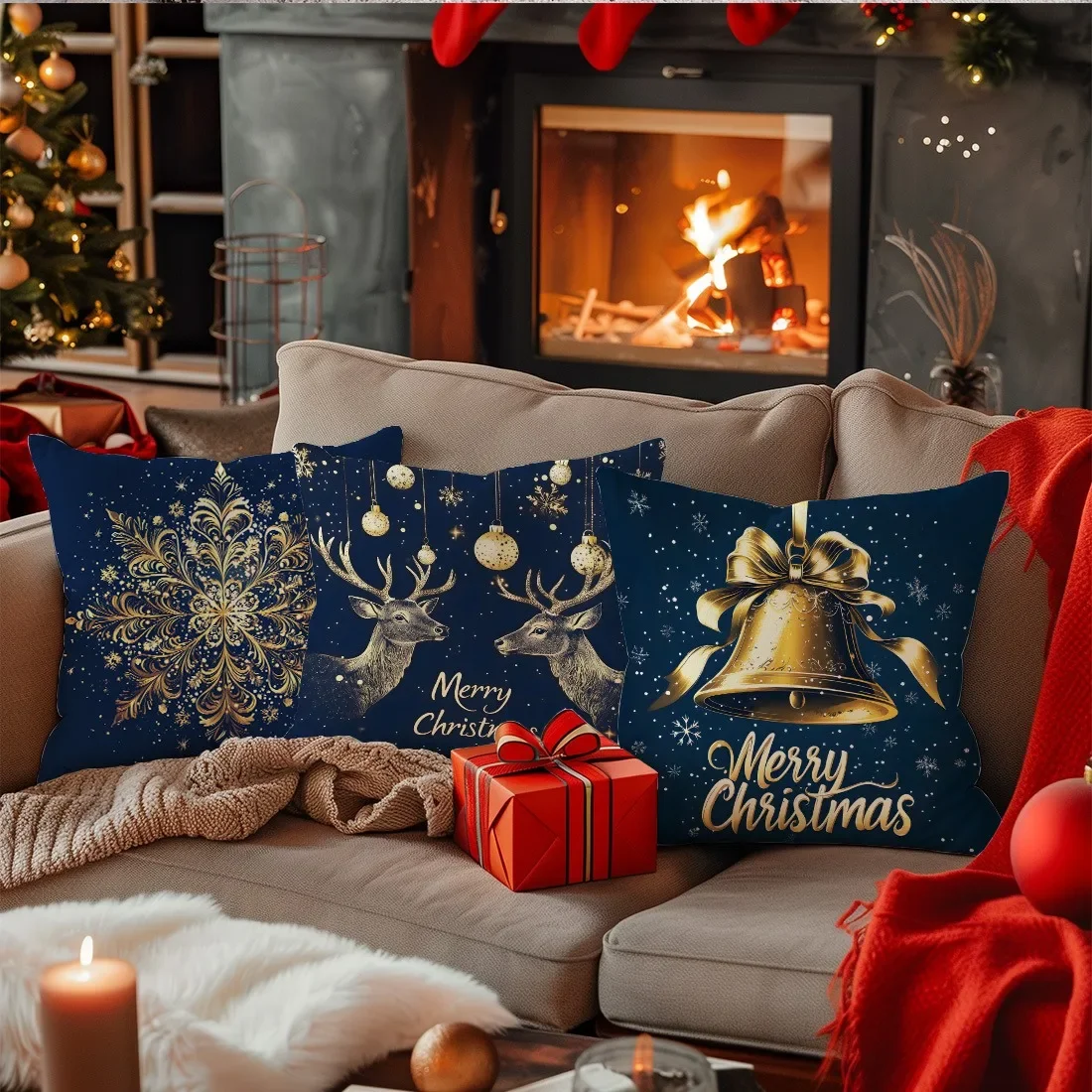 Fundas de almohada con tematici navideña: diseños de copos de nieve، cervos، campanas y arbboles de Navidad، Funda de cojín #5