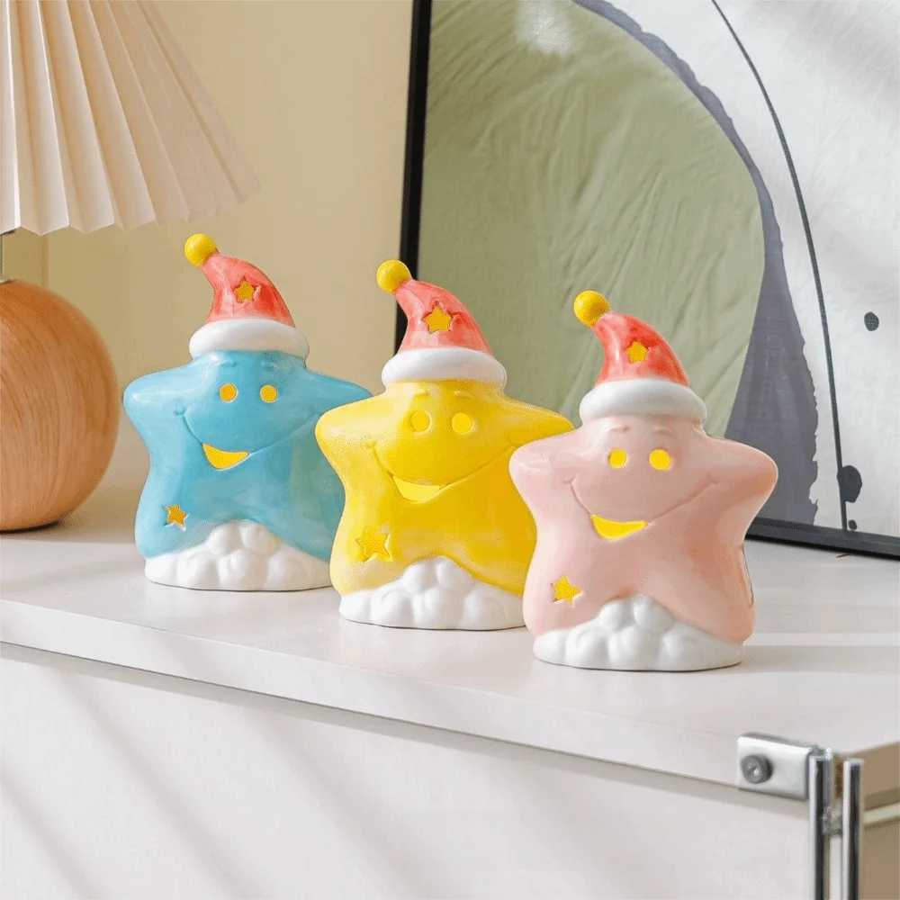 Ceramic Material Ceramic Decor Lamp Warm Ambient Soft Gentle Glow Table Ornament Delicate Star-Shaped Elegant Look