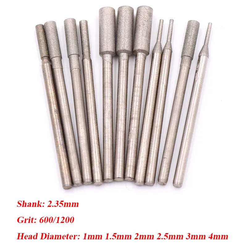 600/1200 Grit Diamond Grinding Head Diameter 1mm~4mm Cylindrical Flat Head Polishing Grinding Head Jade Carving Deburring Tool