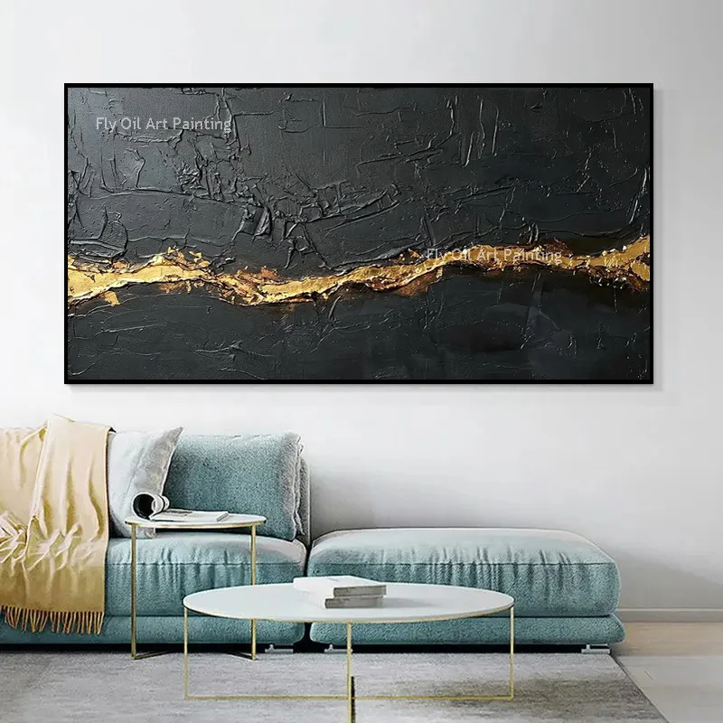 Large Black Gold Knife Thick Canvas Abstract Oil Painting Hand Painted Shiny Gold Leaf Artwork Modern Home Decor Items