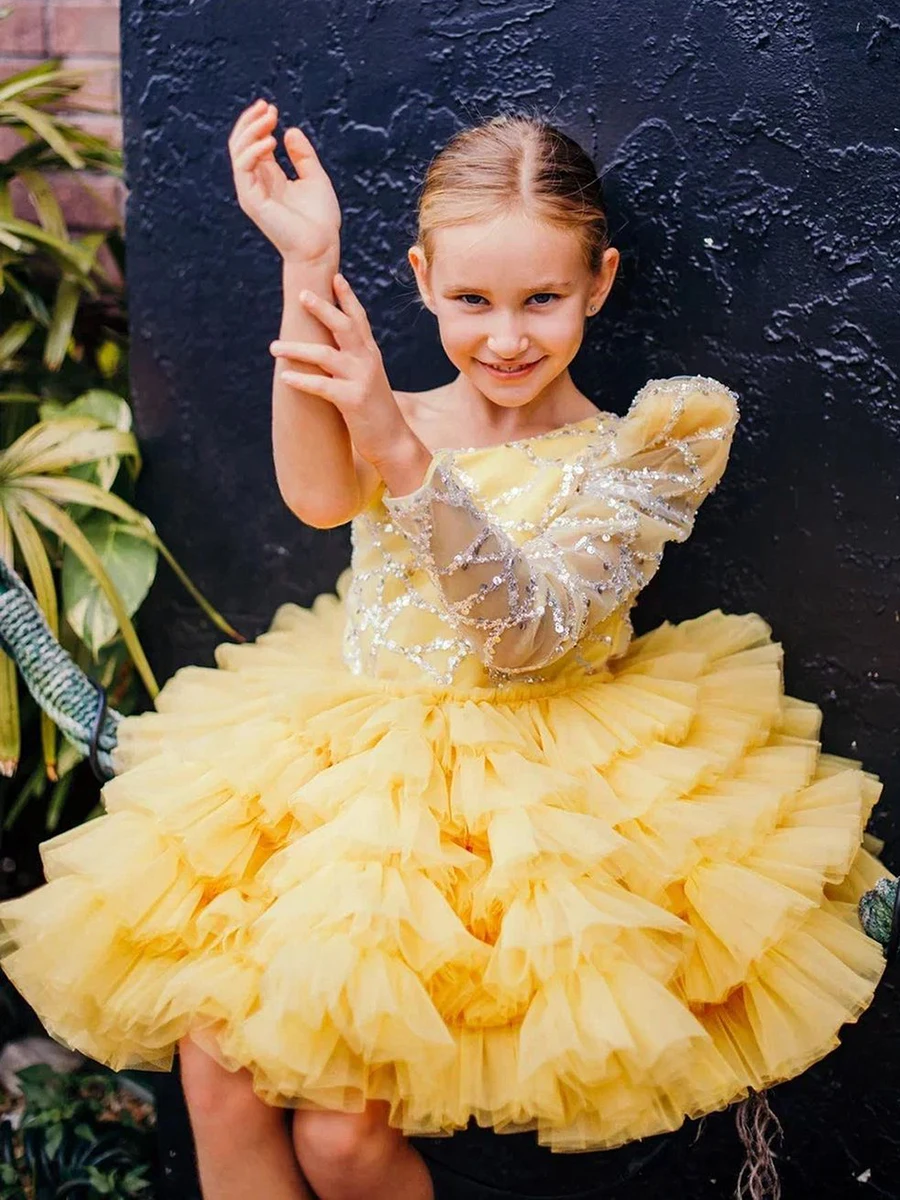 Yellow Sequin Tulle Puffy Single Shoulder Flower Girl Dress Pearl Bow Kids Birthday Party Ball Gown Princess Dresses For Wedding