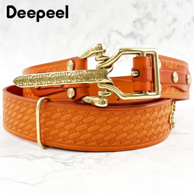 1Pc Genuine Leather Men's Belts Pure Copper Buckles Embossed Waistband First Layer Cowhide Belt Luxury Designer Cavalry Girdle