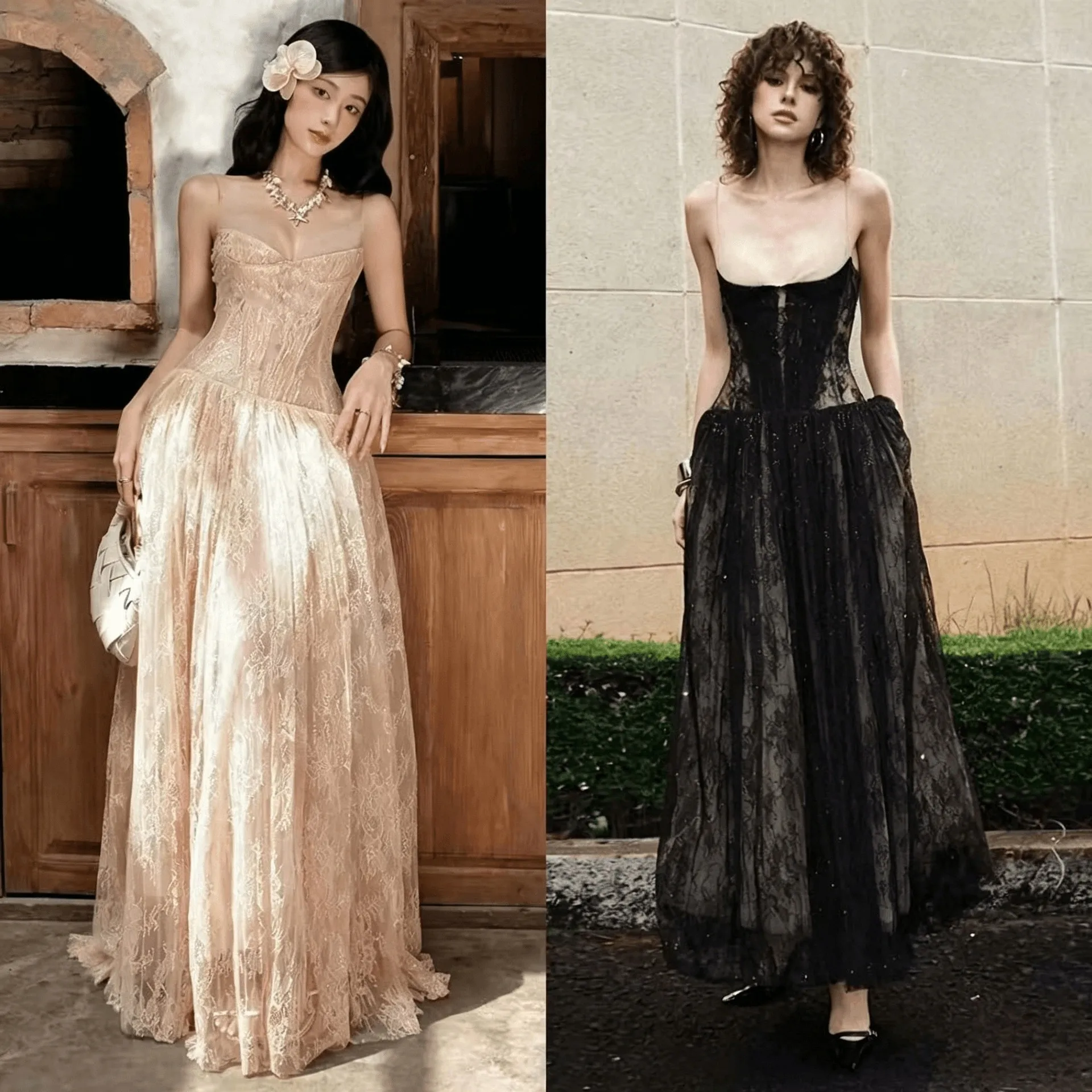 Slit Patchwork Gown High Waist Elegant with Spaghetti Strap Zipper Closure Slim Fit Sleeveless Graceful Dress Summer for Women