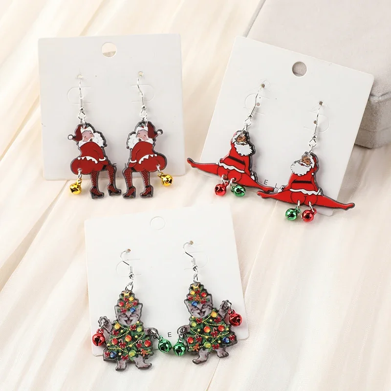 1Pair Christmas Women Drop Earrings Creative Acrylic Gingle Bells Cat Santa Claus  Jewelry For Girl Holiday Birthday Gift