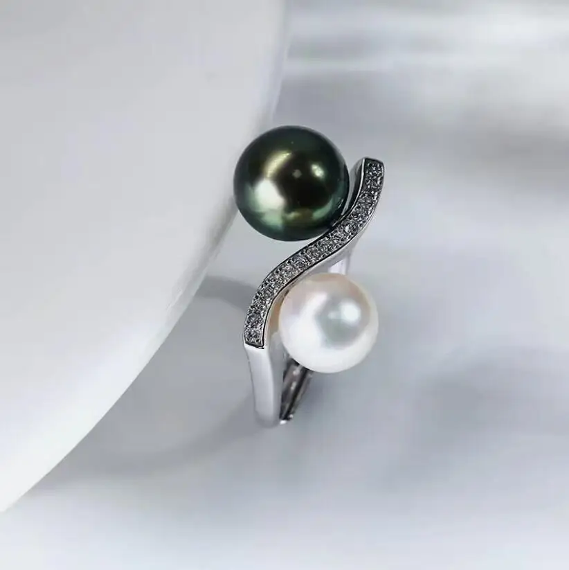 

gorgeous 8-9mm south sea round white blackgreen pearl ring 925s