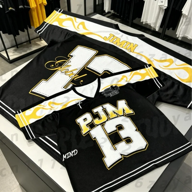 2026  Men's Jimin Inspired  Football Jersey Black & Gold Flame Streetwear V-Neck Lightweight Quick-dry Tee for Fans Parent-child
