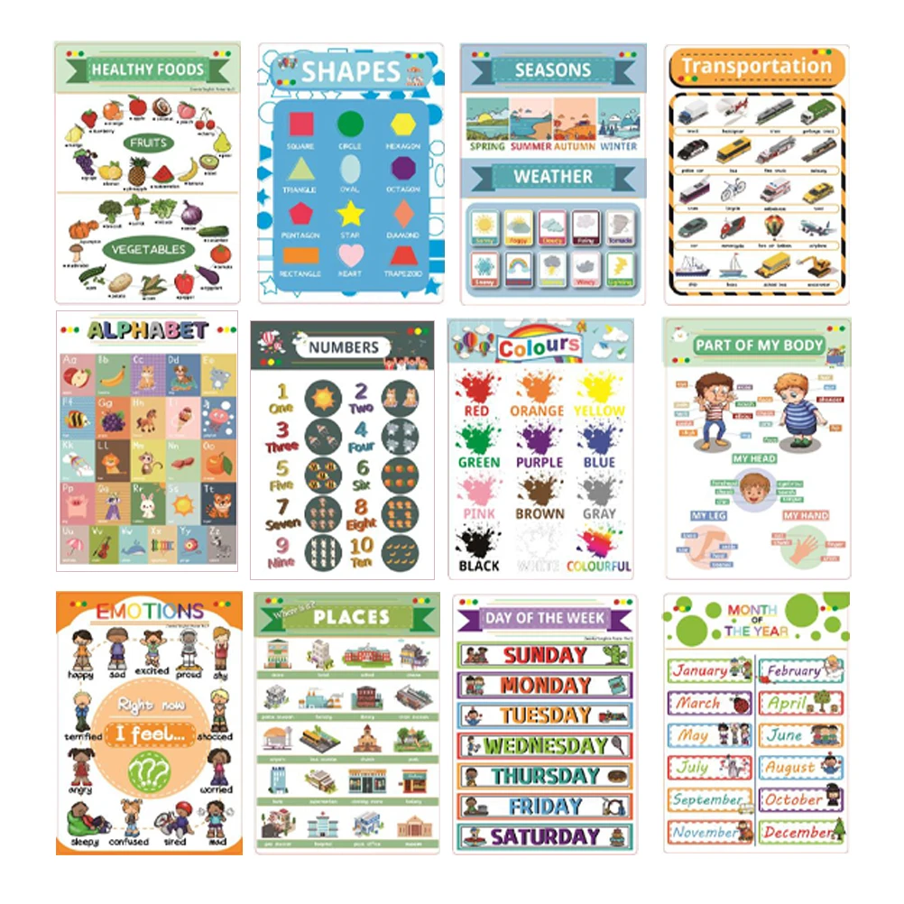 

12 Sheets English Learning Posters Kids Bright Colors Cartoon Patterns Preschool Educational Shapes Wall Charts Material