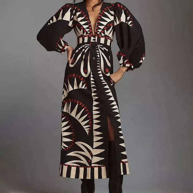 2025 여성 보헤미안 드레스 신상 롱 스커트 프린트 긴팔 패션 V넥 랜턴 슬리브 드레스