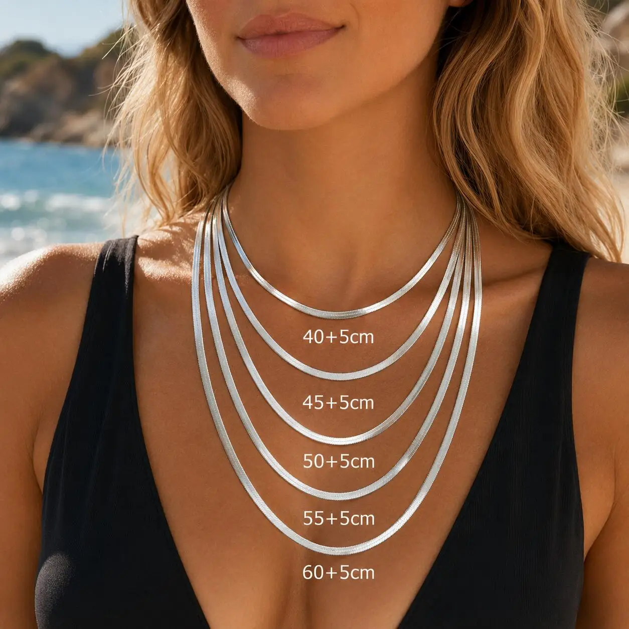 Edelstahl-Schlangenkette für Damen und Herren, Silberfarbene Fischgrätmuster-Halskette, Flache Halskette 40-60cm, Sommer-Schmuck