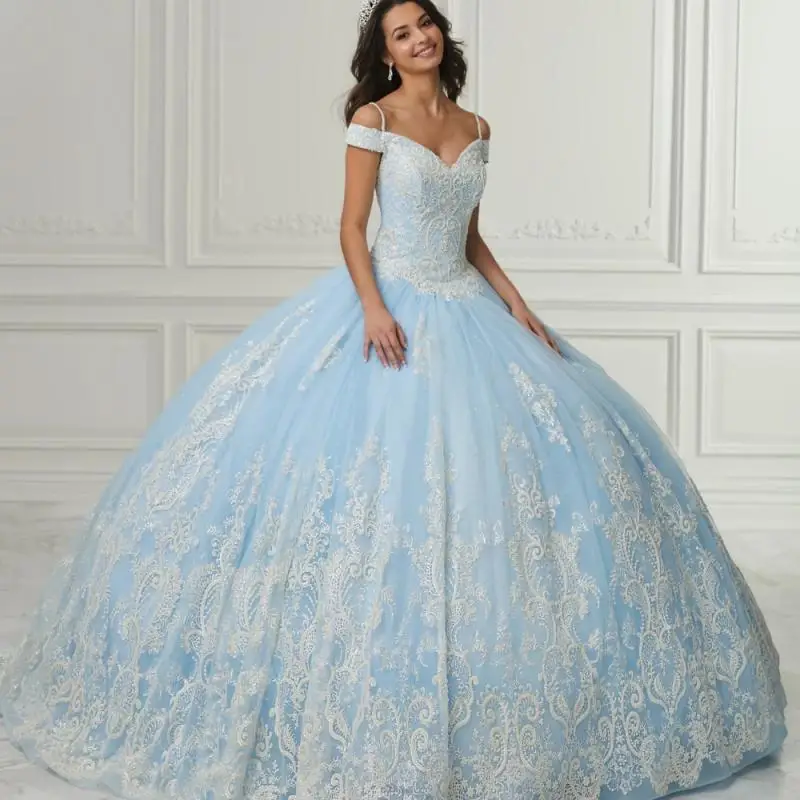 Vestido de baile azul com apliques Spaghetti Lace Sweetheart, vestido 16 doce, vestido Quinceanera, 2024