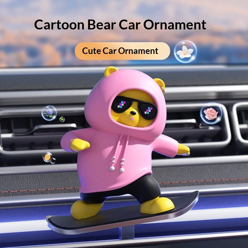 Mini Creative Dashboard Car Ornaments Skateboard Bear Cute Alloy Cartoon Moving Bear Ornament Automotive Interior Accessories